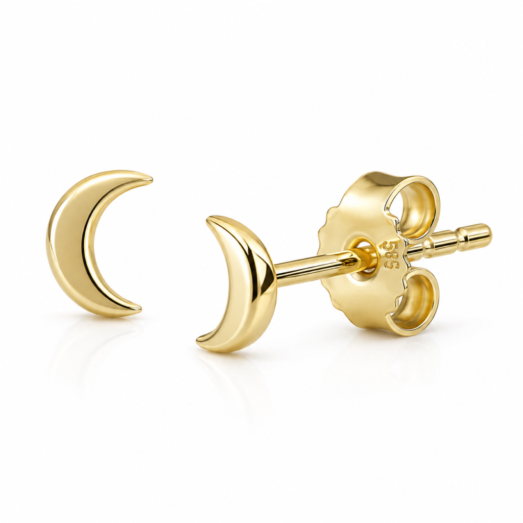 A pair of highly polished 14k yellow gold crescent moon stud earrings featuring comfortable flower-shaped push-back posts, stamped 585 for purity certification.