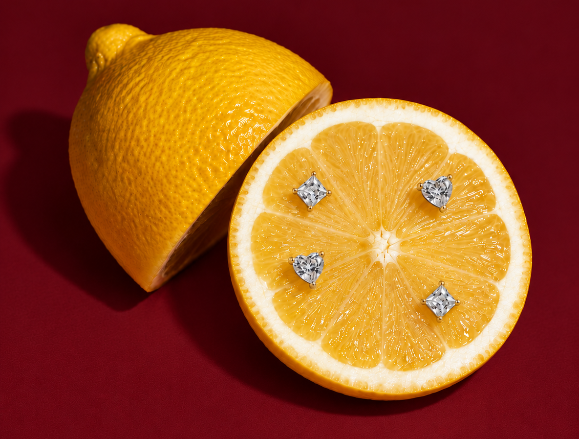 Heart-cut and princess-cut sparkling gemstone stud earrings in gold-tone prong settings displayed on a fresh sliced lemon against a vibrant red background.