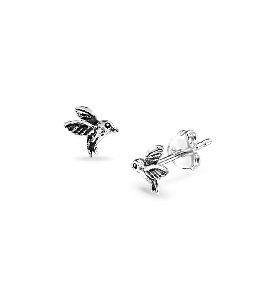 Silver bird stud earrings with delicate wing and tail details
