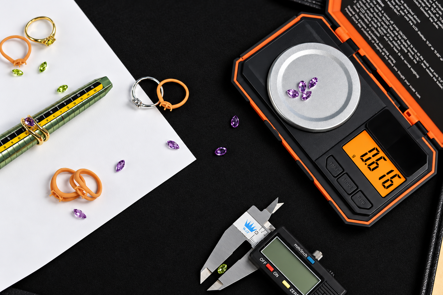 Professional jewelry workstation featuring purple and green gemstones, gold ring samples, a digital precision scale, ring sizing mandrel, and digital caliper for gemstone measurement and jewelry quality control.