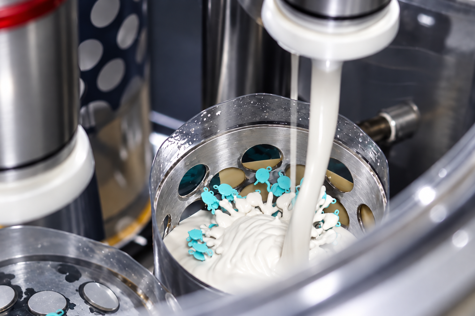 Jewelry investment casting preparation with turquoise wax patterns inside a metal flask as white investment material is poured during the mold-making process.