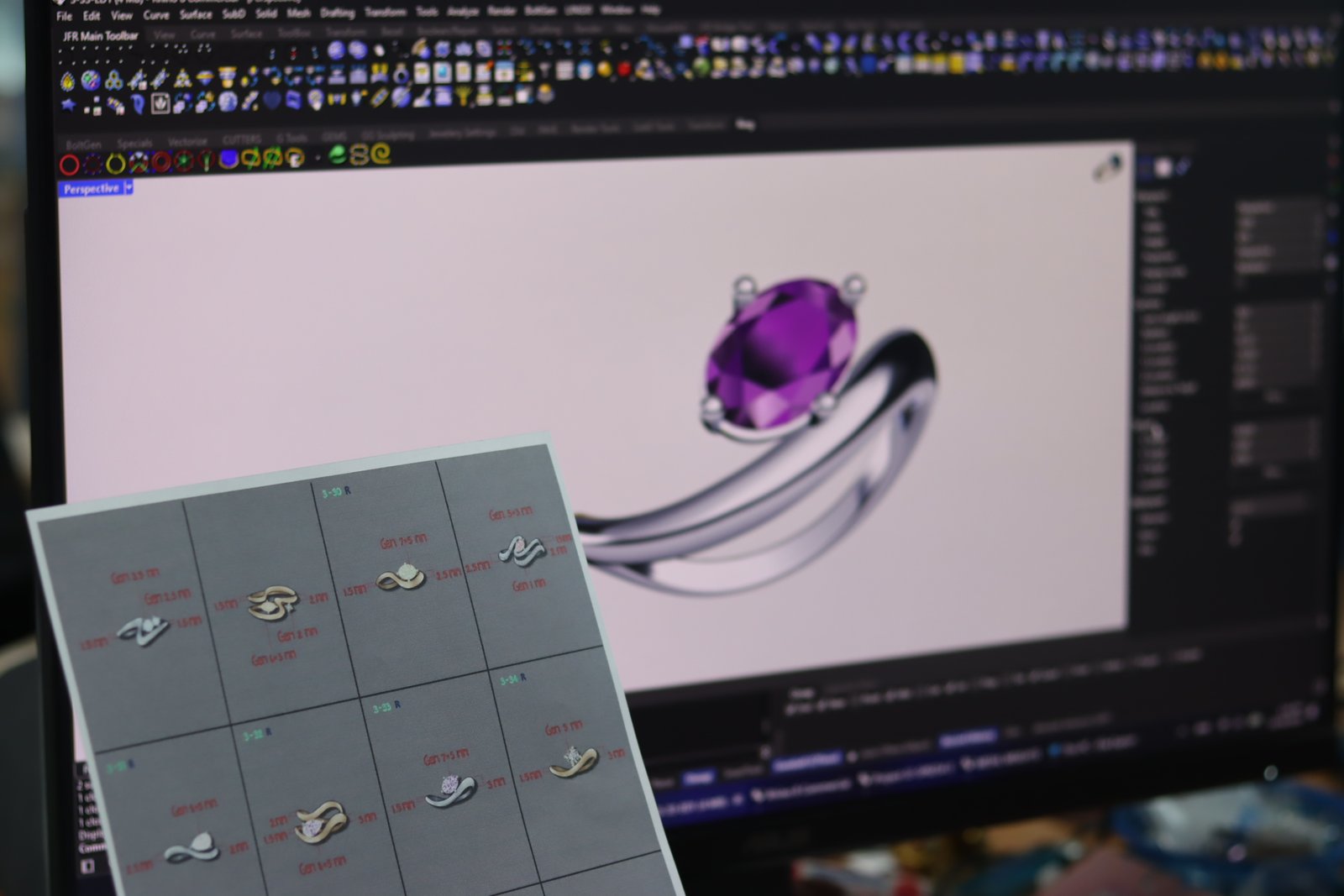 Professional jewelry CAD software displaying a 3D silver ring design with a purple gemstone, alongside a printed sheet of custom ring designs and technical measurements.
